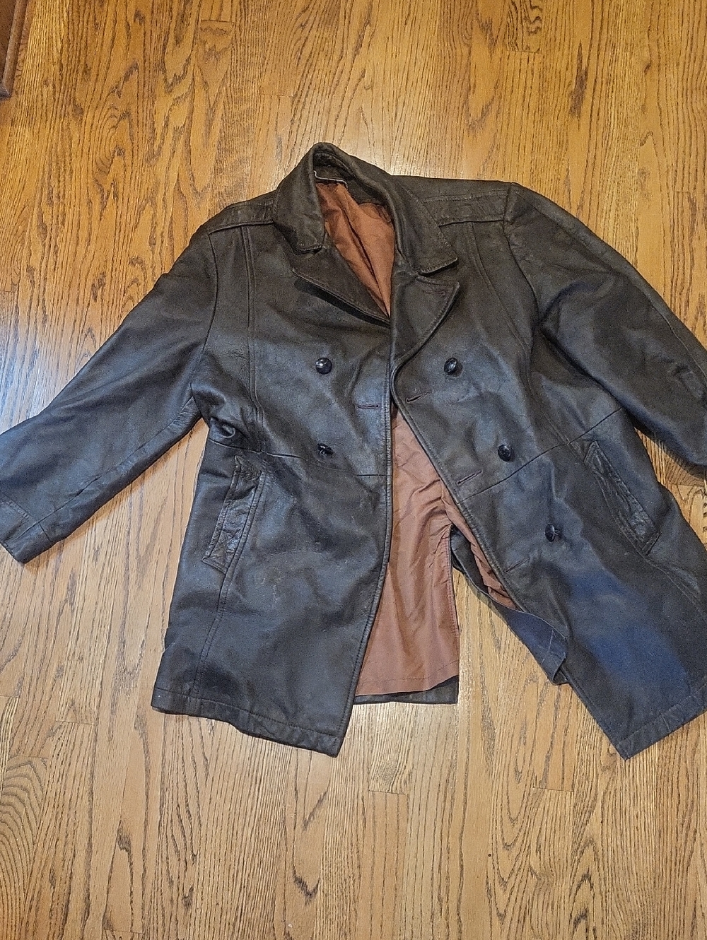 Men's Brown Leather Double-Breasted Jacket missing one button vintage